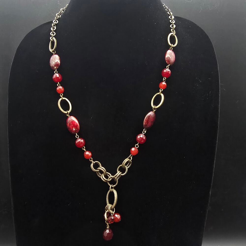 Premier Designs Red Gold Tone Necklace Beaded Chain